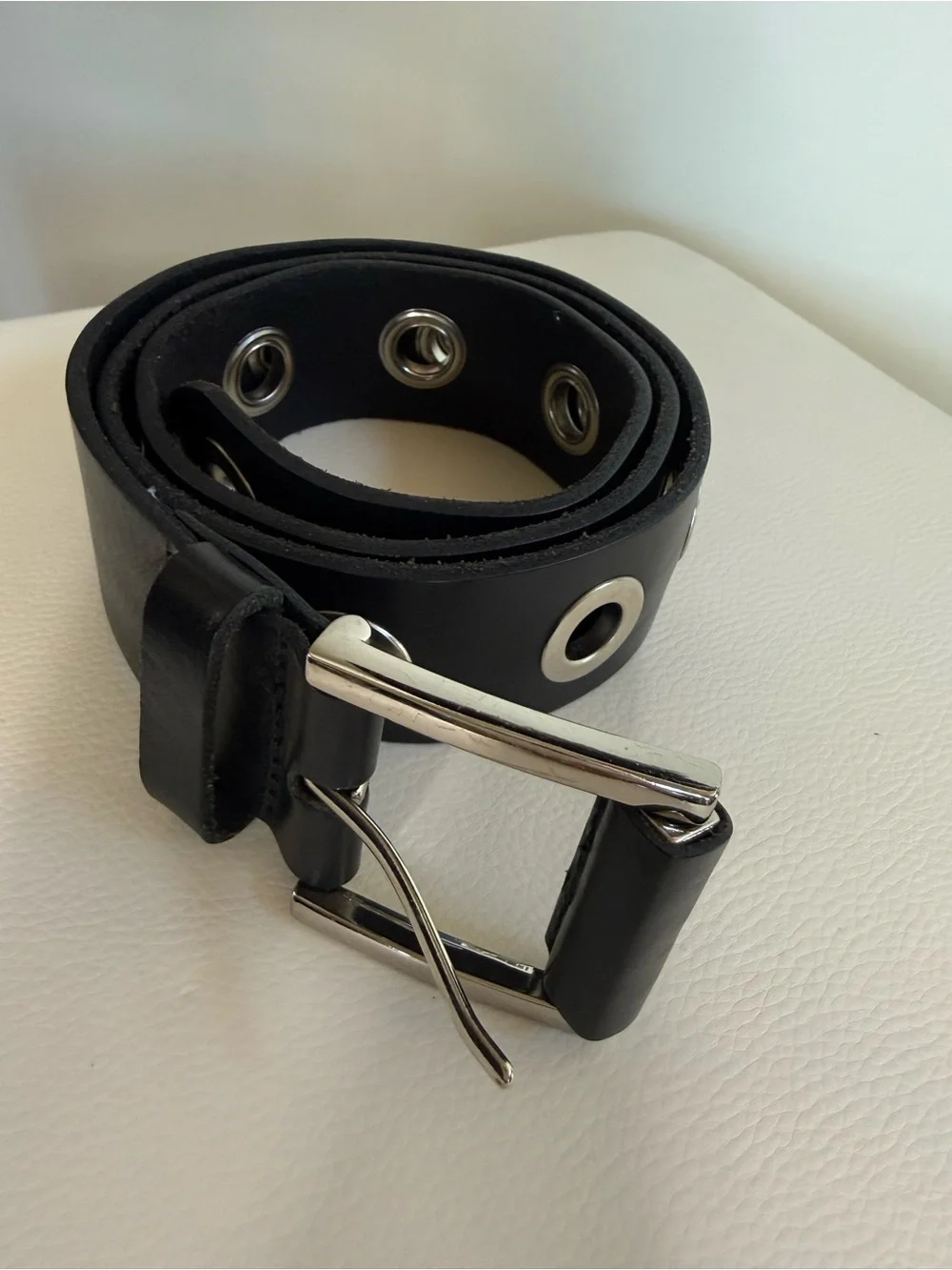 Black Leather Grommet Belt with Silver Hardware